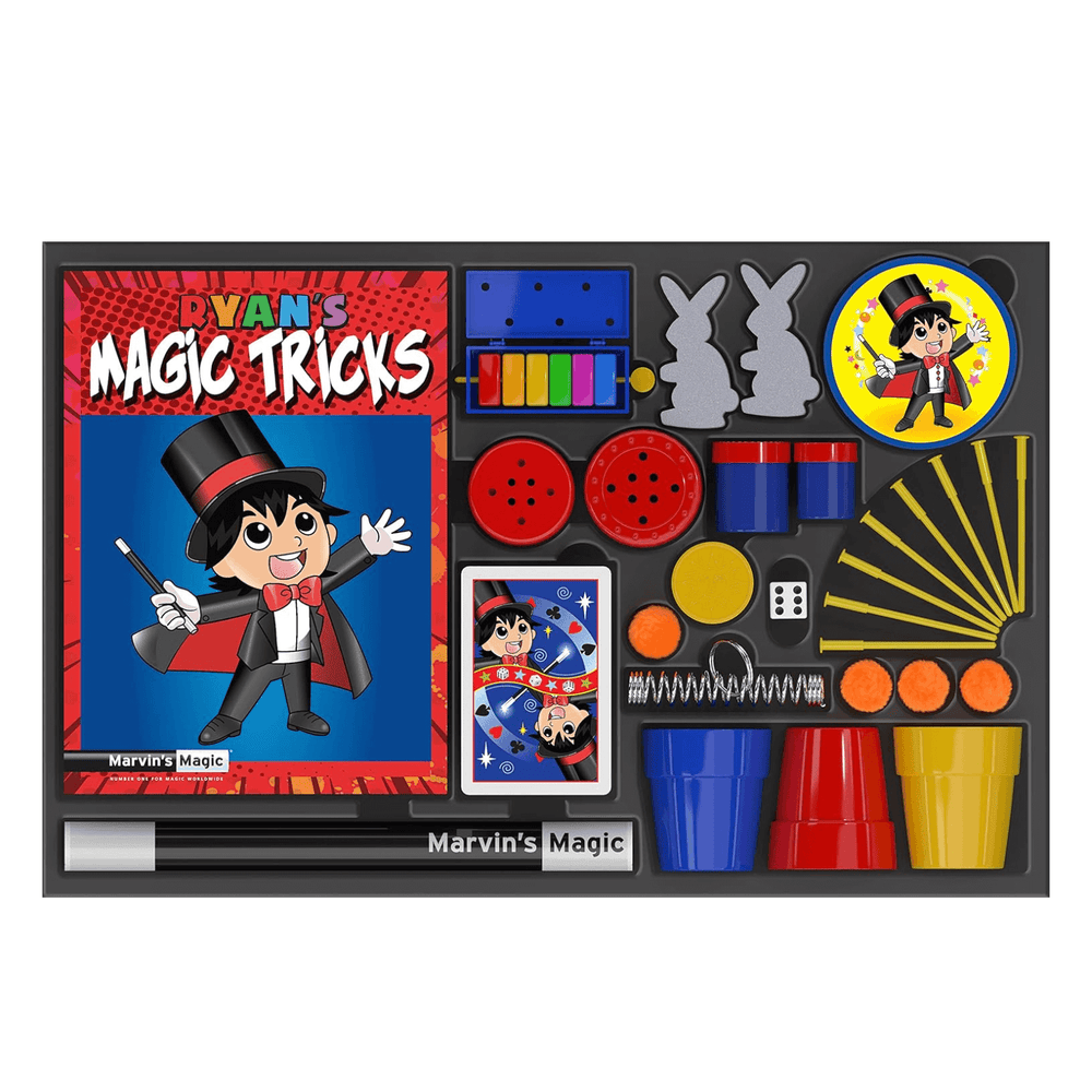 view of what's included in trick box such as ' marvin's magic branded wand, coloured cps, instruction book, sponge rabbits, dice, playing cards and more