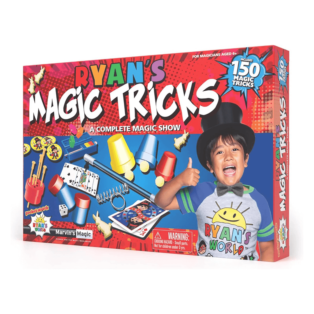 ryan's magic tricks a complete magic show box set includes 150 magix tricks with fun colourful design on cardboard packaging with an image of ryan from ryan's world giving thumbs up