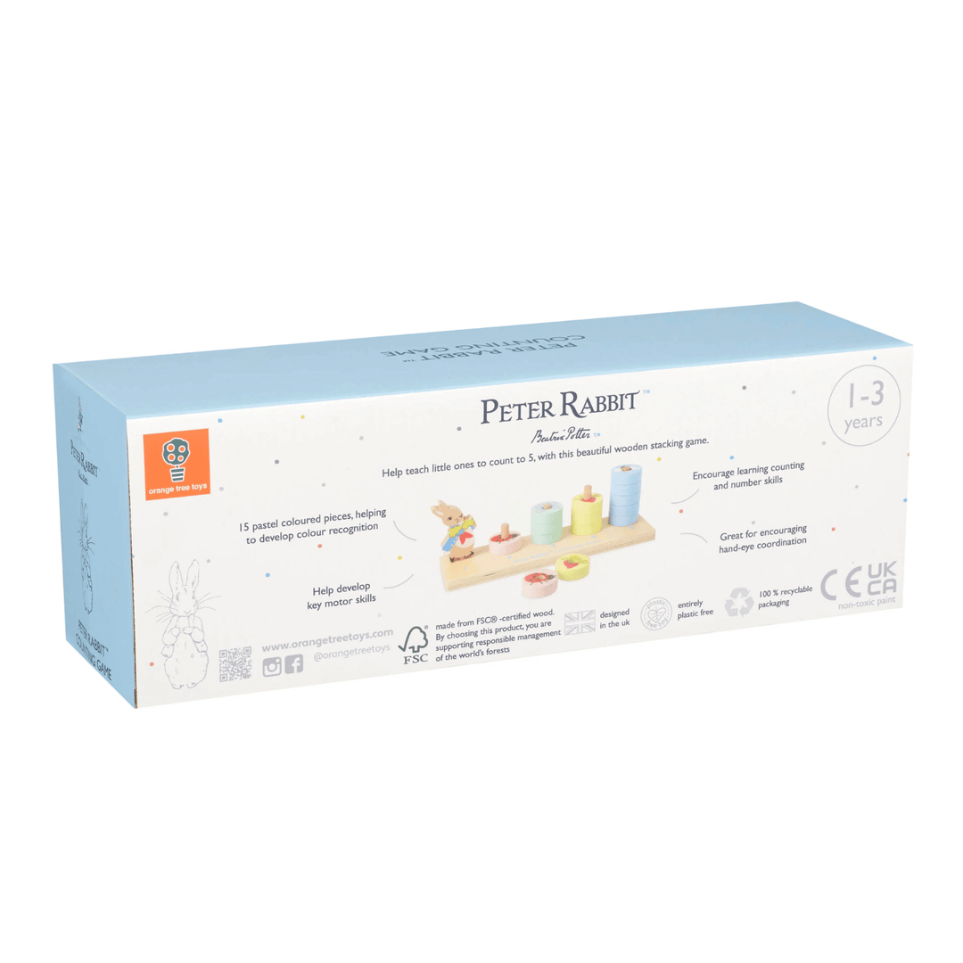 back view of peter rabbit counting game packaging featuring orange tree toys brand logo and product details including FSC certified wood, designed in the UK and entirely plastic free
