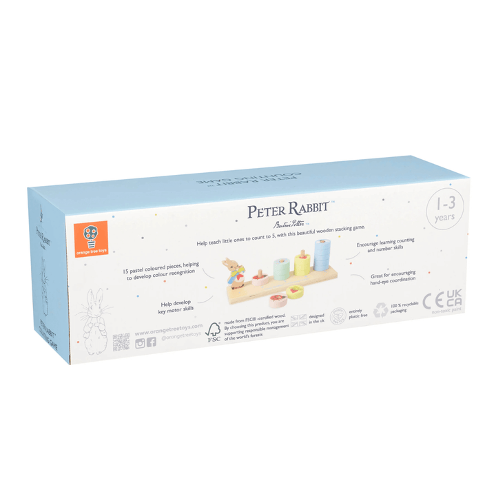 back view of peter rabbit counting game packaging featuring orange tree toys brand logo and product details including FSC certified wood, designed in the UK and entirely plastic free