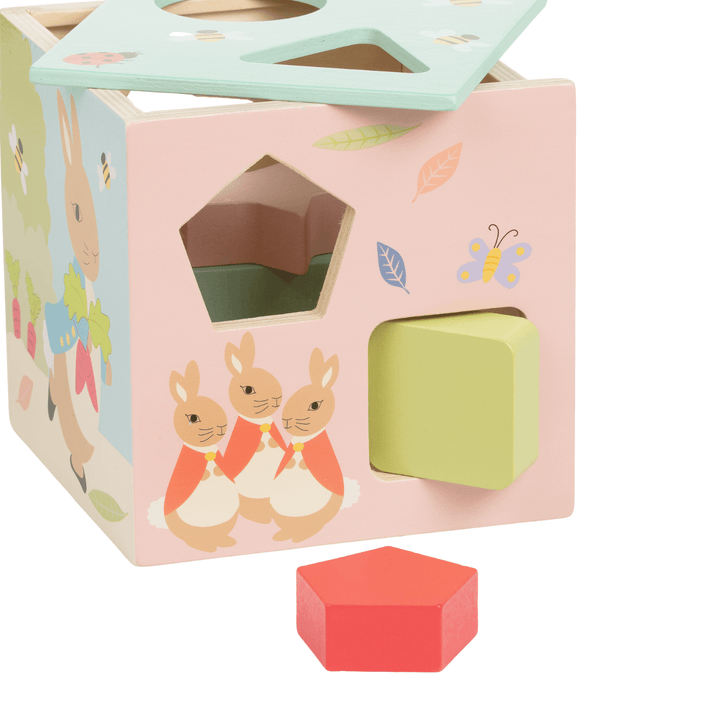 detail view of green rounded rectangle shape inserted into shape sorter with colourful peter rabbit and nature themed illustrations