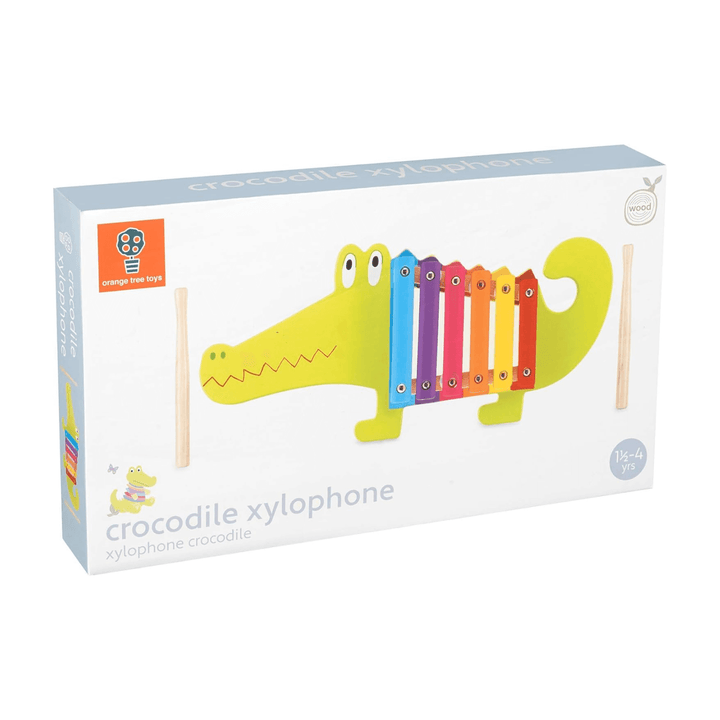 crocodile xylophone inside cardboard packaging with orange tree toys brand logo on the front 11/2-4 years age