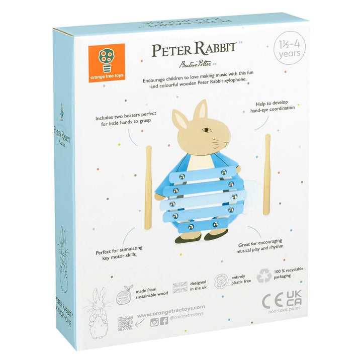 Back of the box of a wooden Peter Rabbit xylophone toddler toy