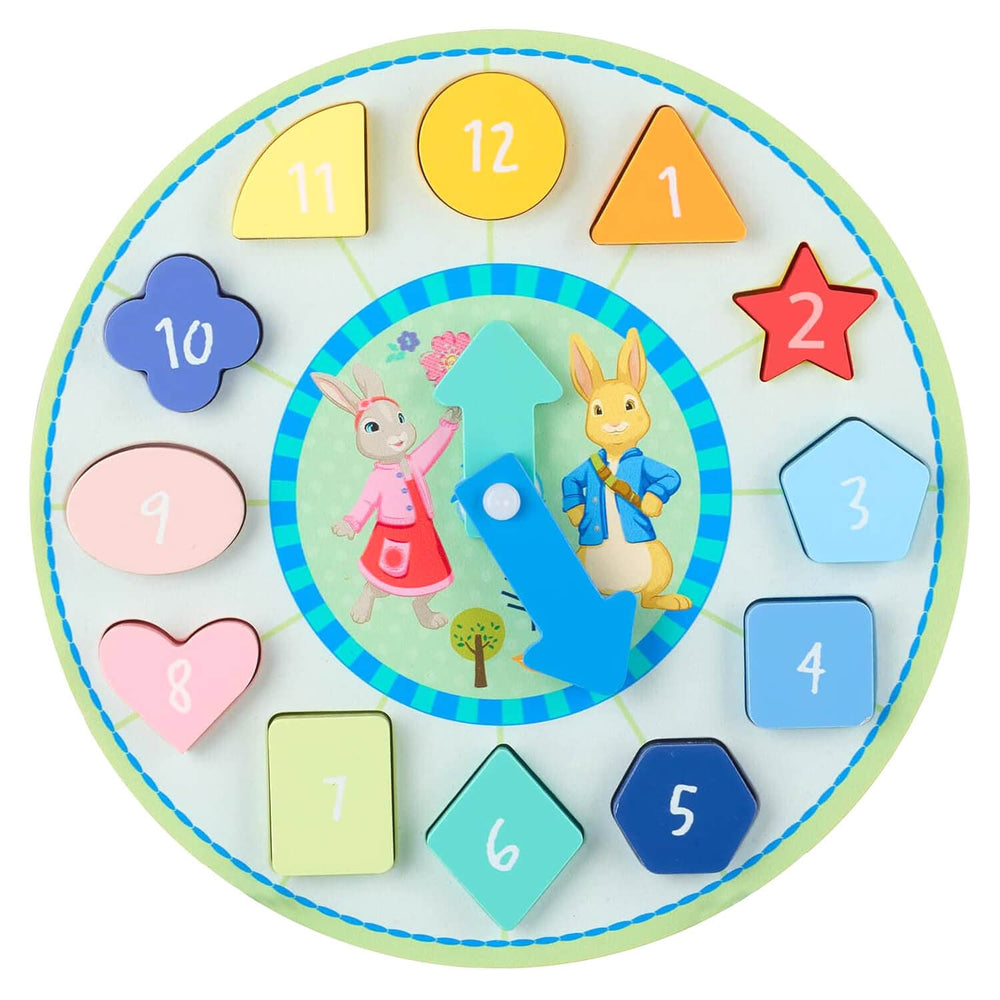 Brightly coloured shape sorting clock for kids to learn how to tell the time