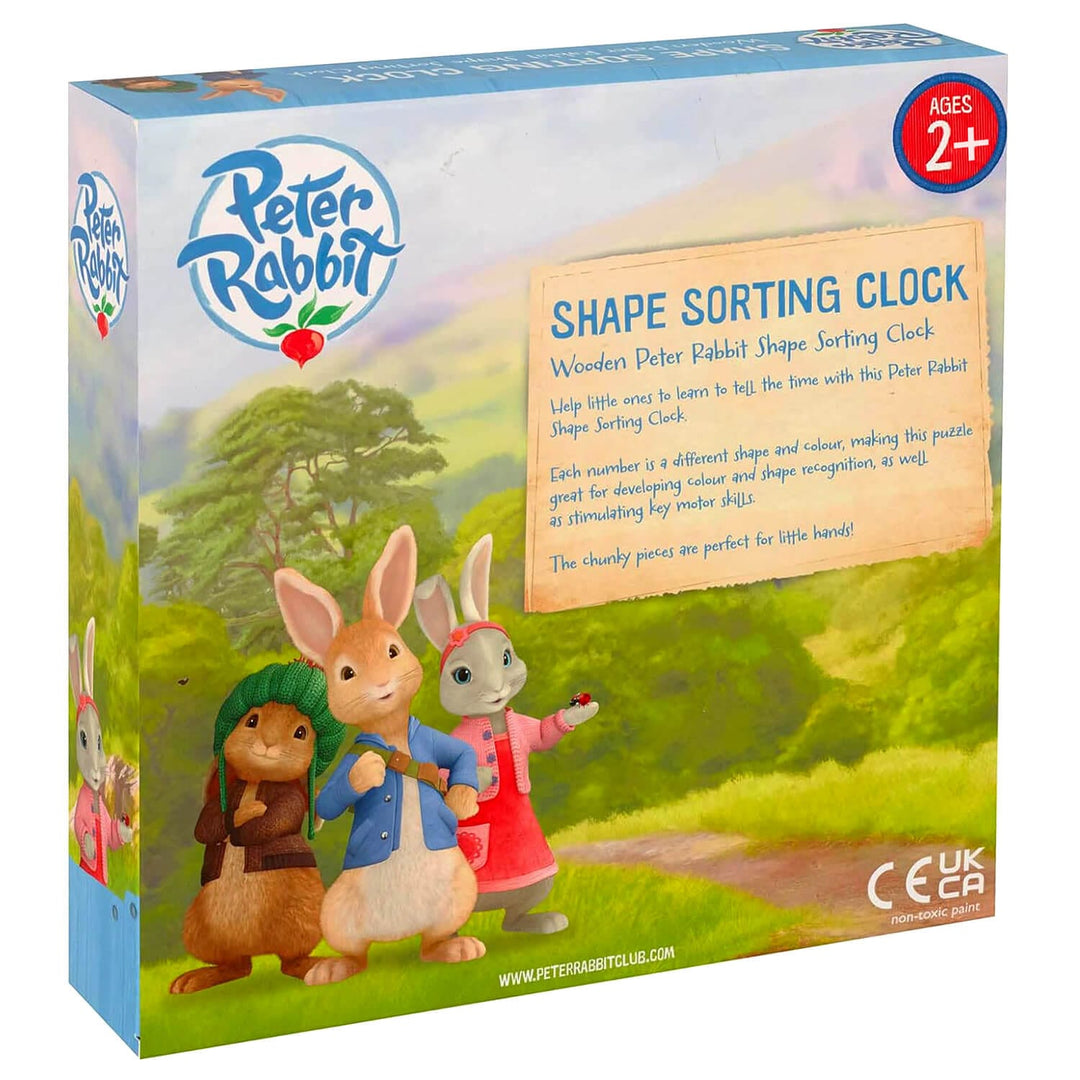 Back of the box of the Peter Rabbit shape sorting clock
