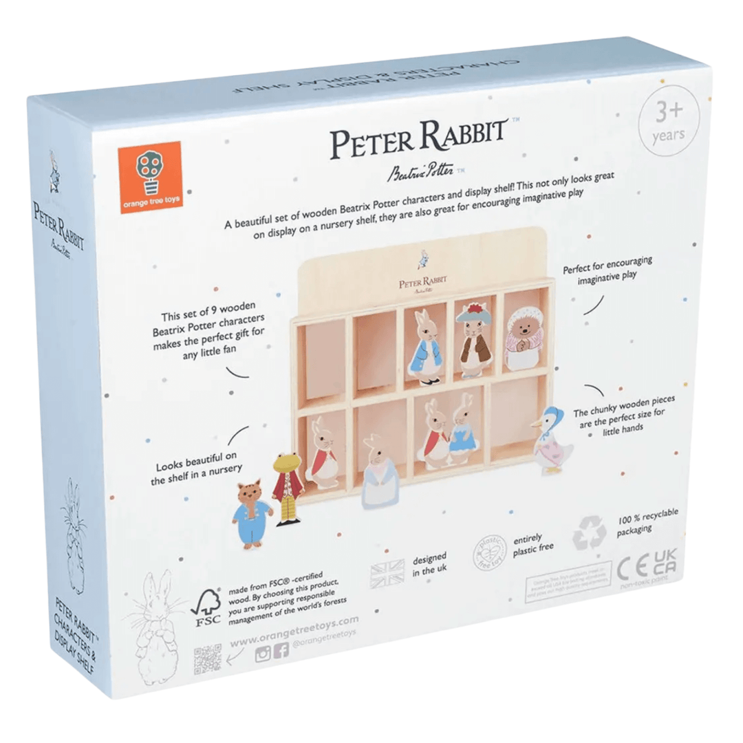 back view of peter rabbit display shelf packaging details include made from FSC certified wood - designed in the uk - chunk pieces perfect for little hands