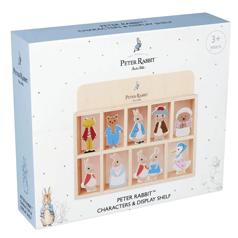 peter rabbit characters and display shelf packaging featuring image of display shelf with polka dot coloured pattern on the packaging