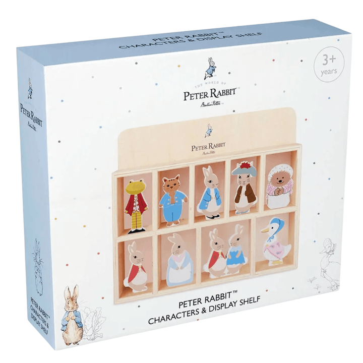 peter rabbit characters and display shelf packaging featuring image of display shelf with polka dot coloured pattern on the packaging