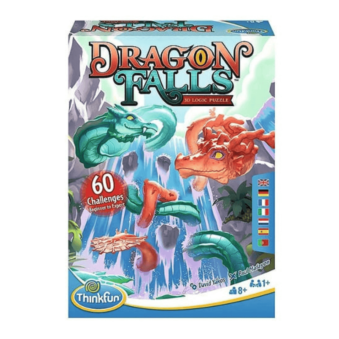 dragon falls 3d logical puzzle packaging featuring dragon and waterfall design on front