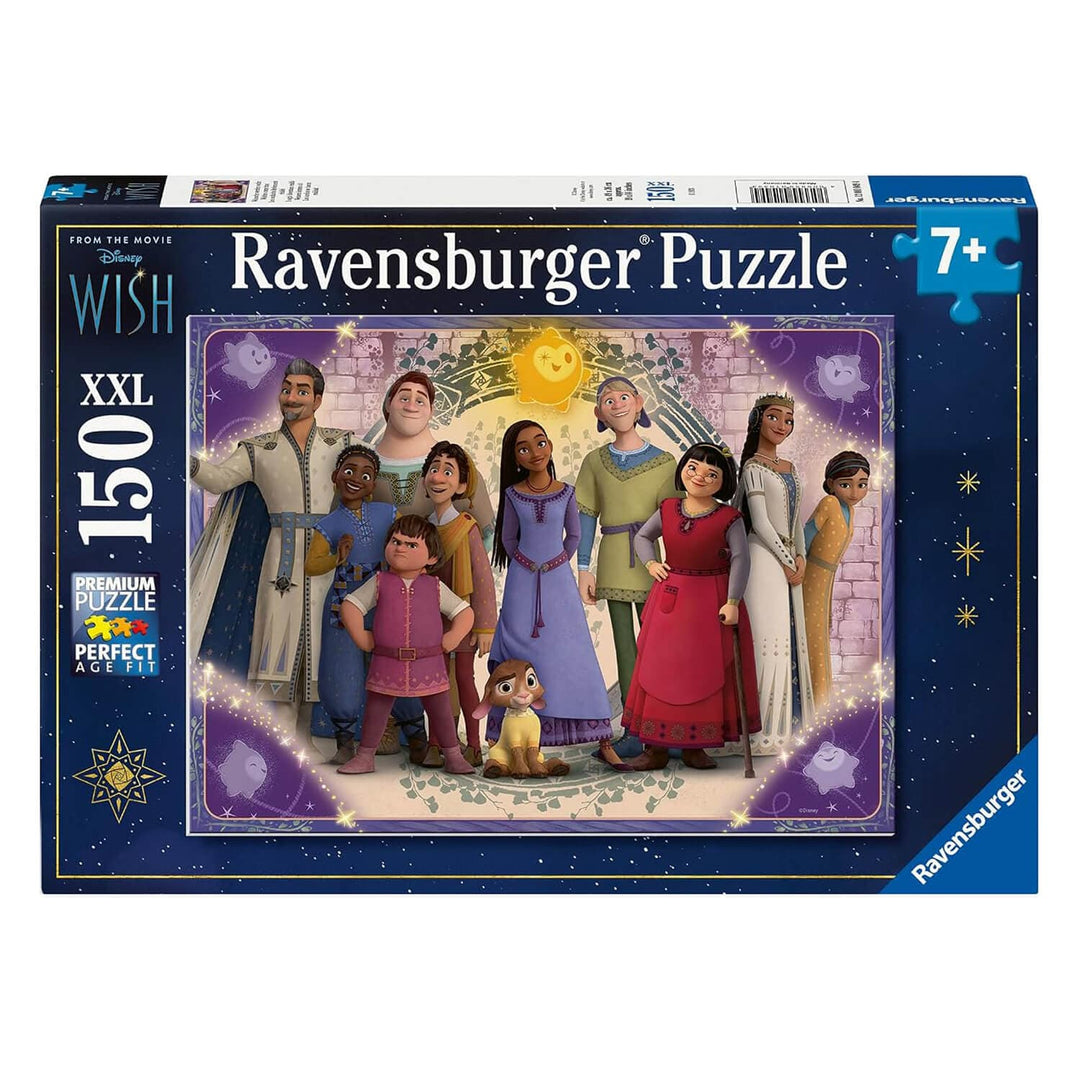 Ravensburger Disney Wish 150-piece jigsaw puzzle box, featuring characters  on a dark blue starry background.
