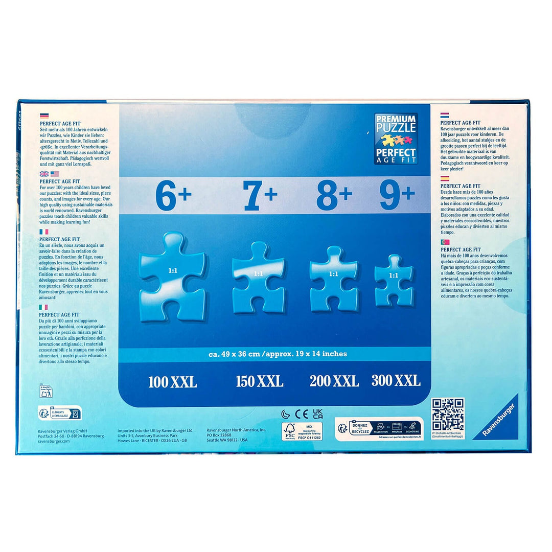 Back of the box of a Ravensburger jigsaw puzzle showing piece sizes