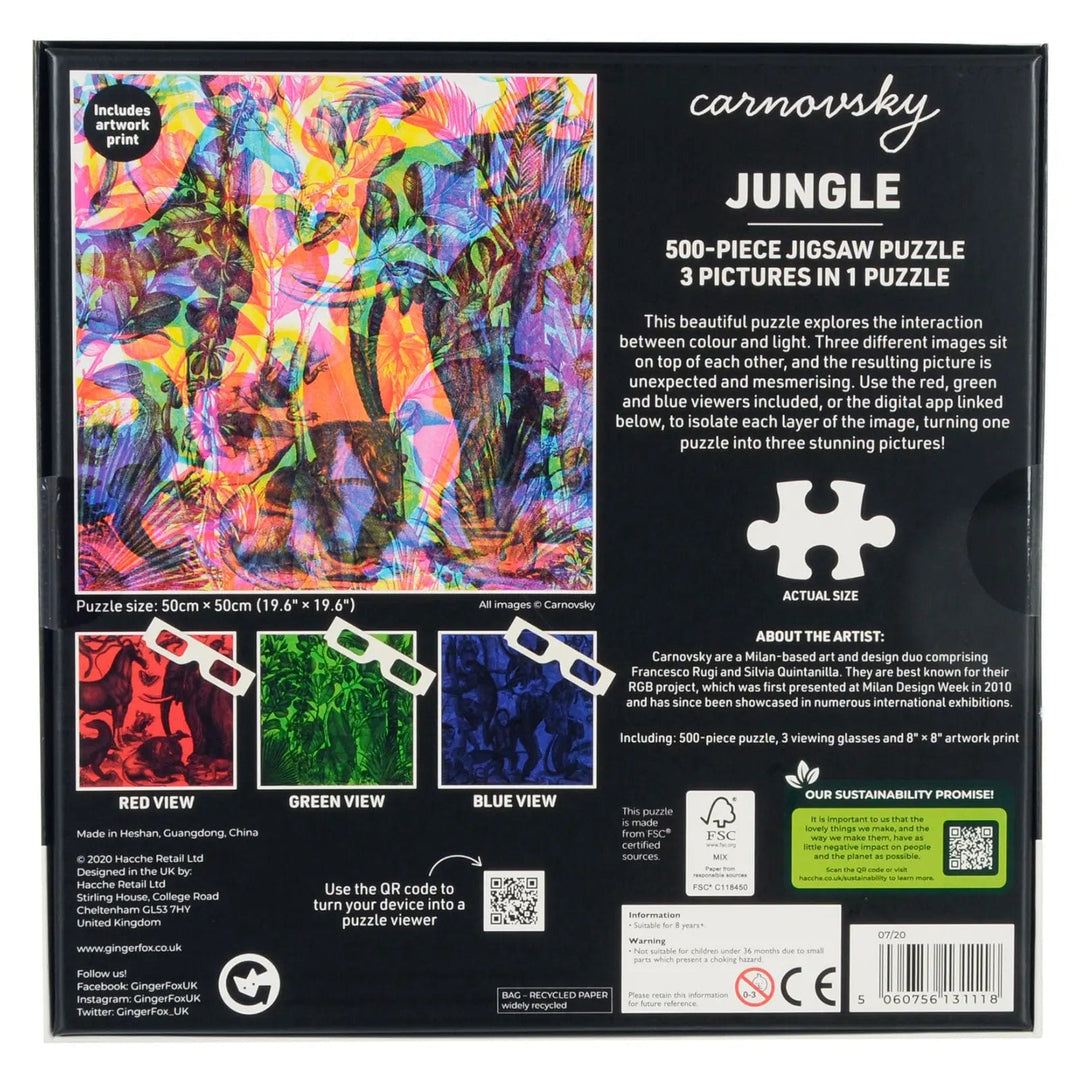 Back of the box of jungle jigsaw puzzle showing 3 different images for the completed puzzle