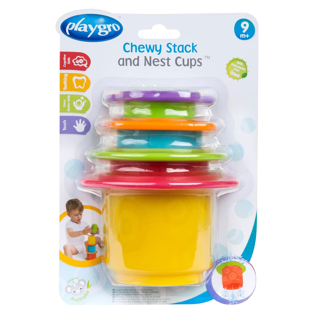 Set of 4 brightly coloured Chewy Stack and Nest Cups in packaging