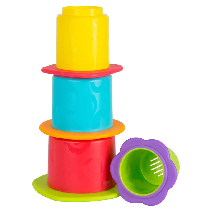 4 colourful stacking cups for babies in a tower