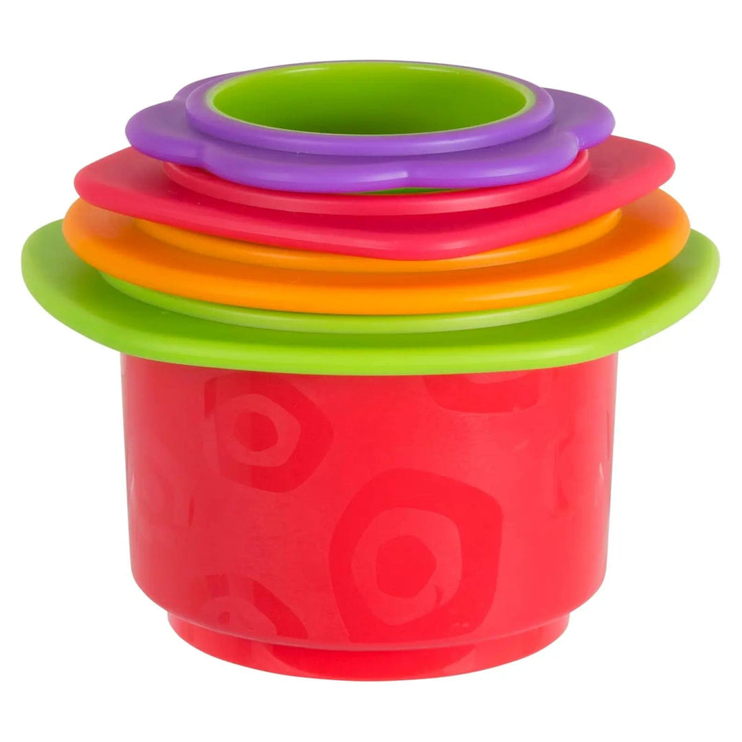 4 different coloured stacking cups toy all nested inside each other