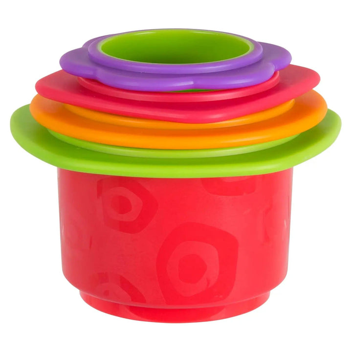 4 different coloured stacking cups toy all nested inside each other