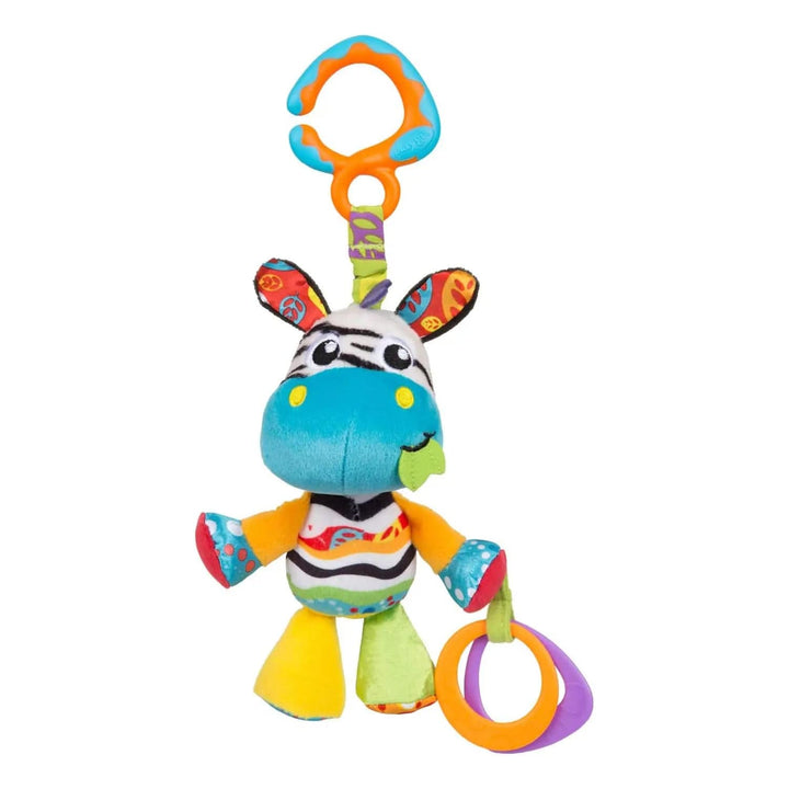 Colourful zebra munchimal baby toy with hanging clip and teething rings