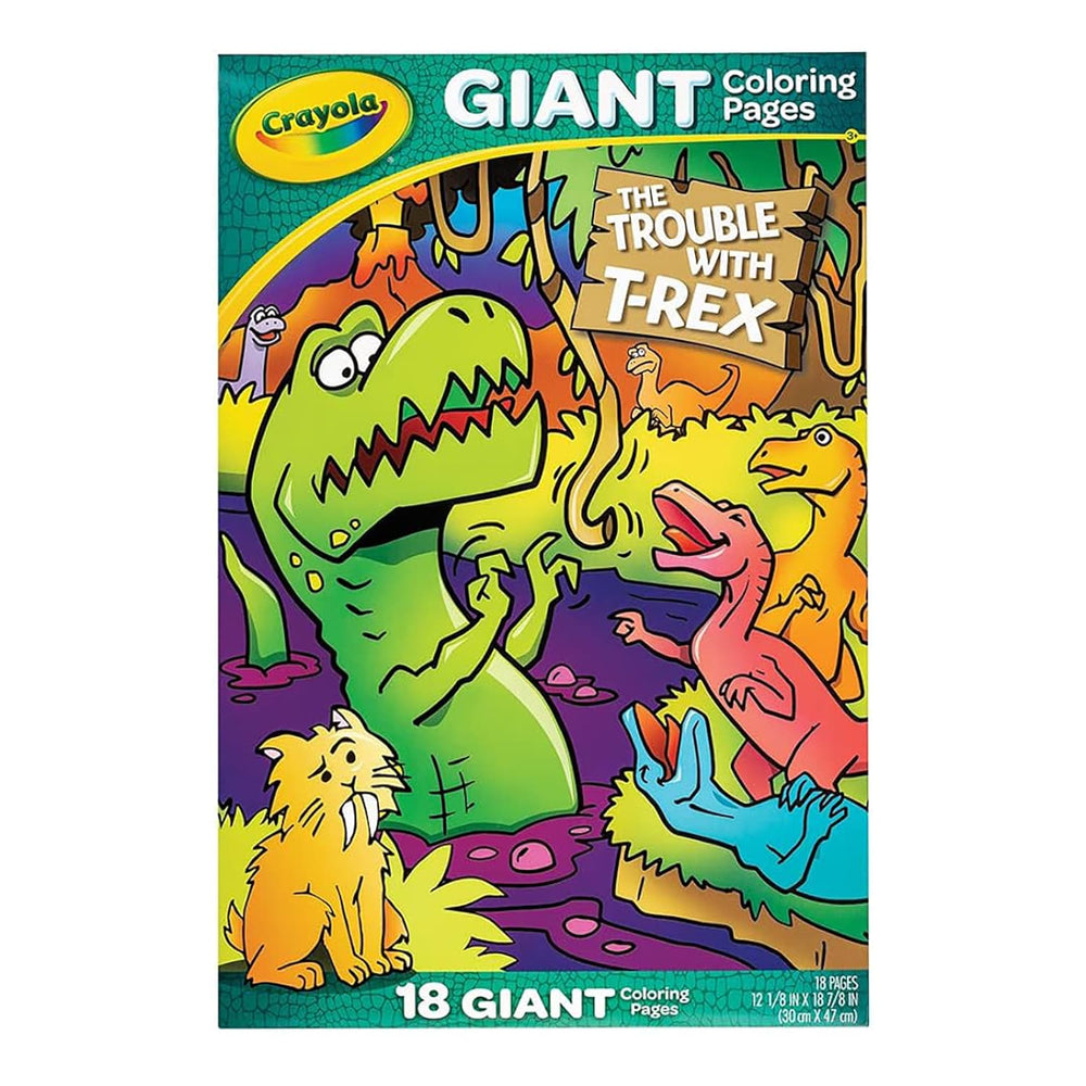 Crayola Giant Coloring Pages book titled 'The Trouble with T-Rex' on a table with crayons and dinosaur-themed decor.