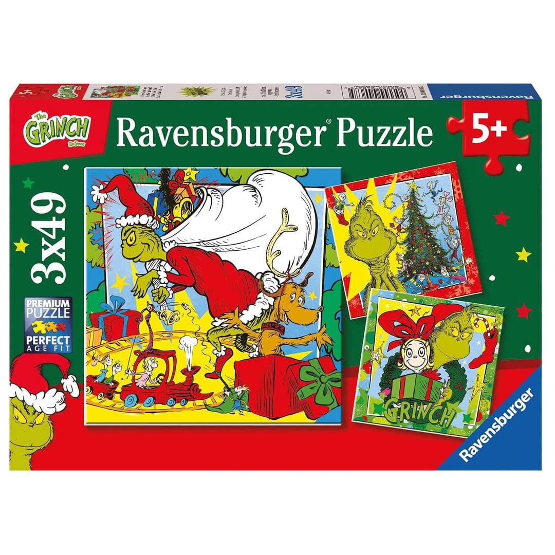 Ravensburger Grinch 3x49 jigsaw puzzle box featuring Christmas-themed artwork with the Grinch, Santa, a reindeer, gifts, and festive decorations. 
