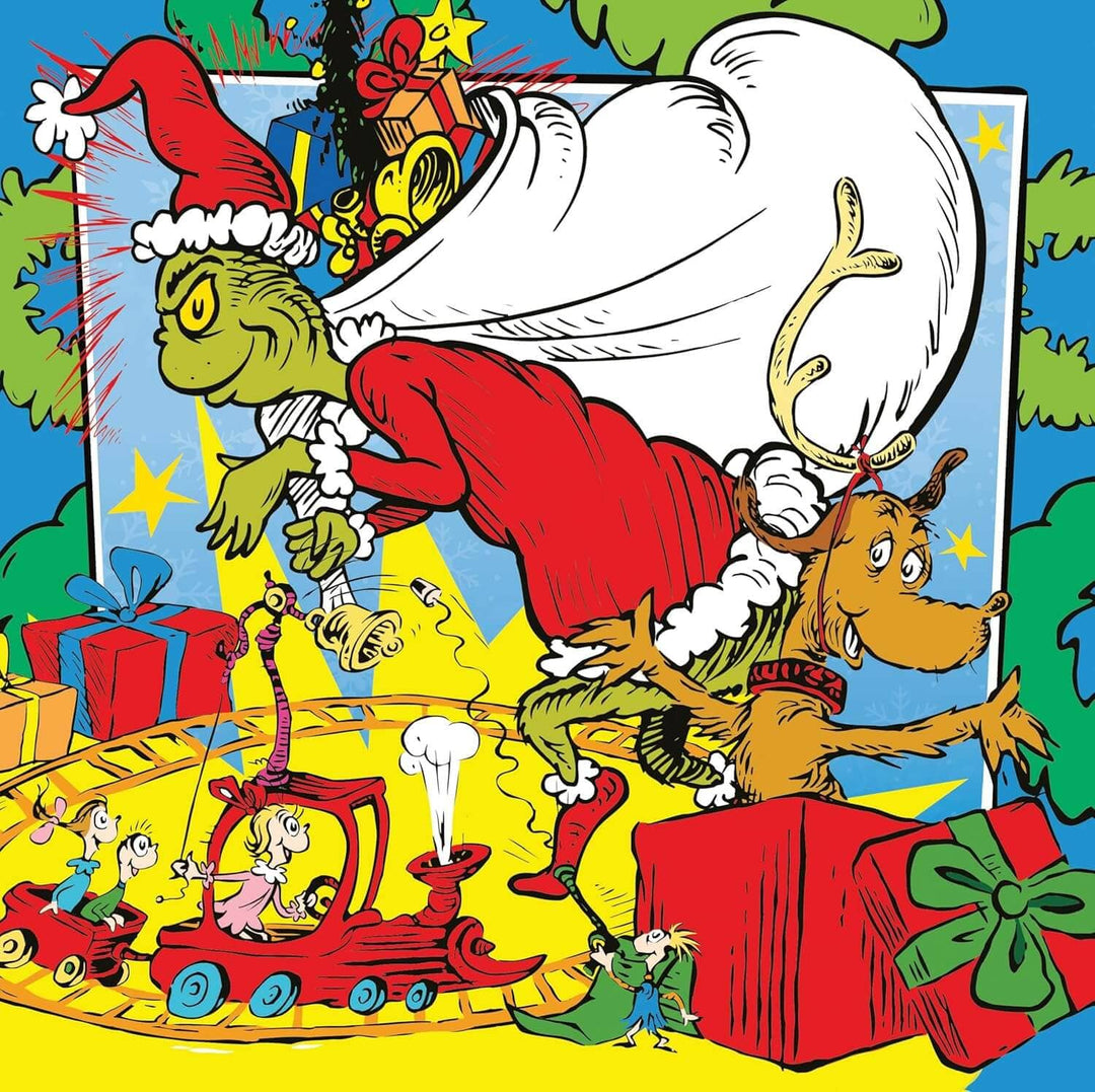 A colorful illustrated holiday scene featuring the Grinch in a Santa hat and coat carrying a sack of presents, with a reindeer, gifts, and festive characters in a cartoon-style composition.