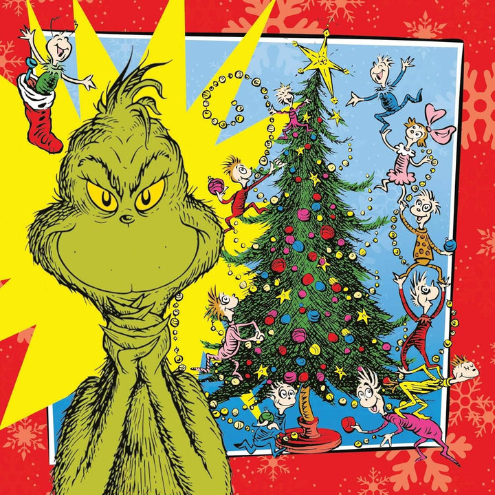 A colourful Dr. Seuss-themed holiday illustration featuring the Grinch in the foreground with a decorated Christmas tree.