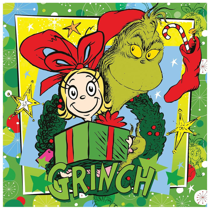 Christmas-themed graphic featuring the Grinch holding a green gift box, with a girl in a red bow, a red stocking, candy cane, wreath, stars, and the word "GRINCH" at the bottom.
