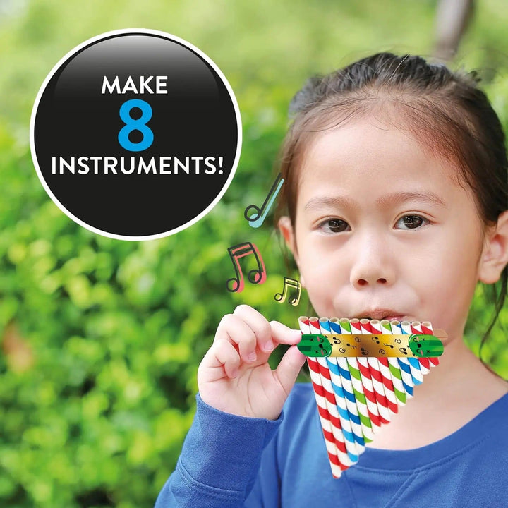 Child blowing into hand made pan pipes made from paper straws and text reading Make 8 instruments