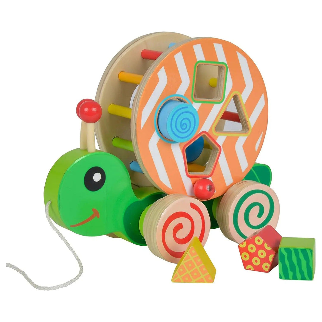 Wooden snail shape sorter toy with string to pull along