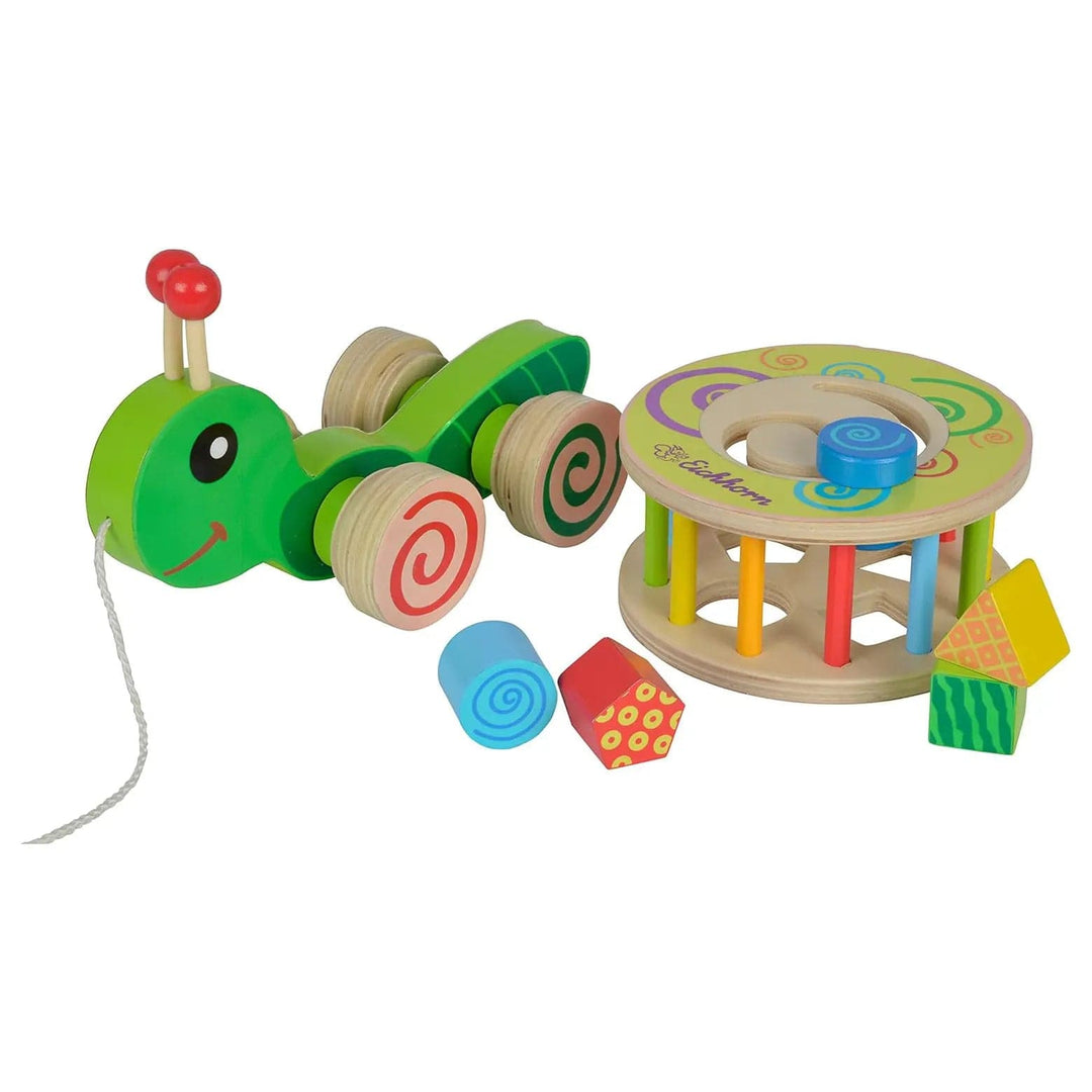 Toddler pull along snail wooden toy with shape sorter and blocks