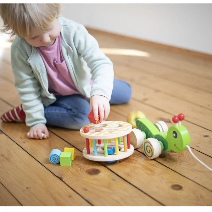 Child playing with a snail pull along shape sorter stacking toy