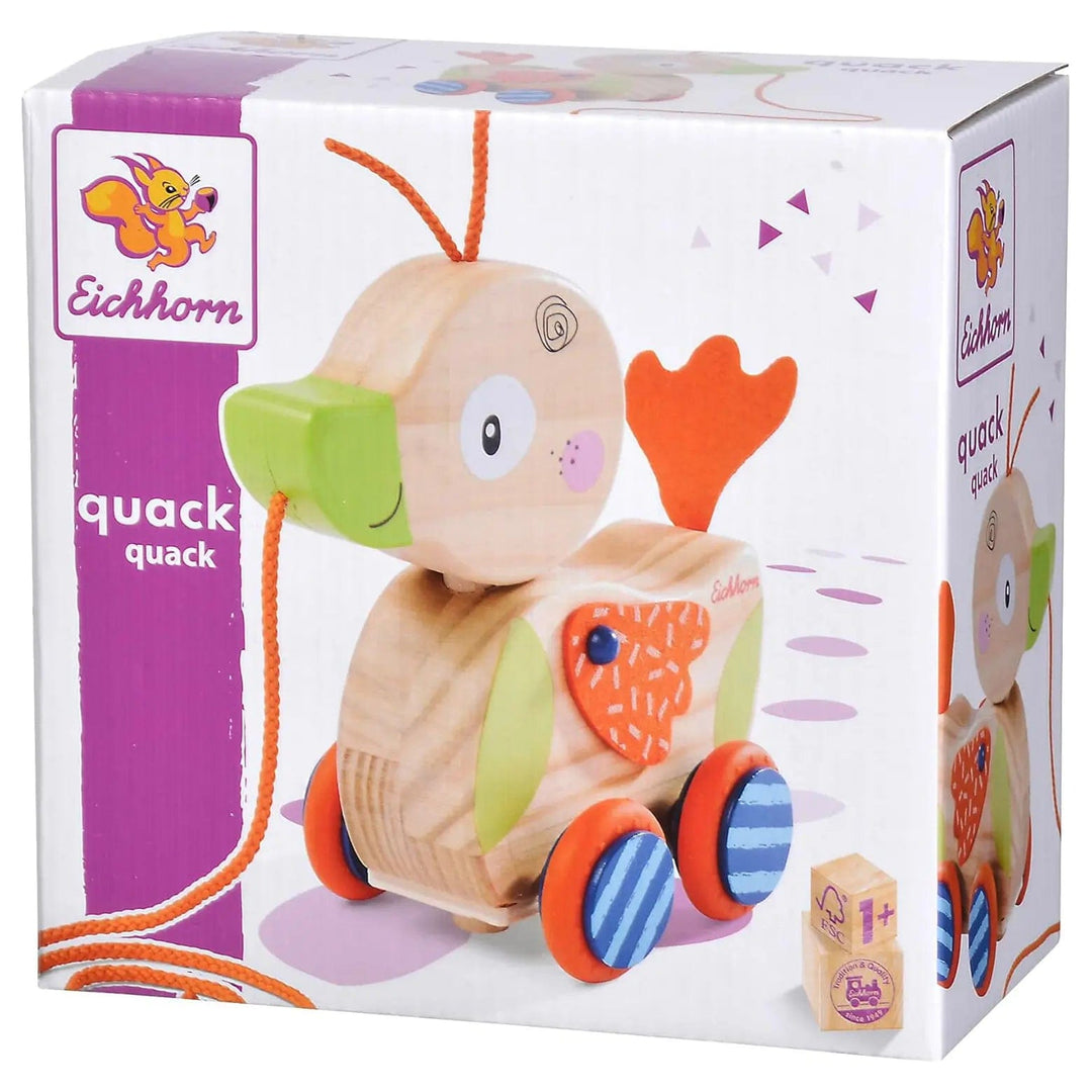 Wooden duck pull along toy that quacks when it moves