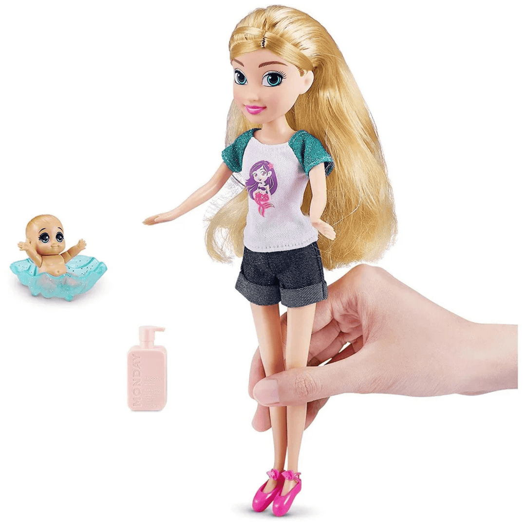 baby sitter doll with sparkly t shirt and pink ballet shoes with shampoo bottle, baby and bath tub accessory