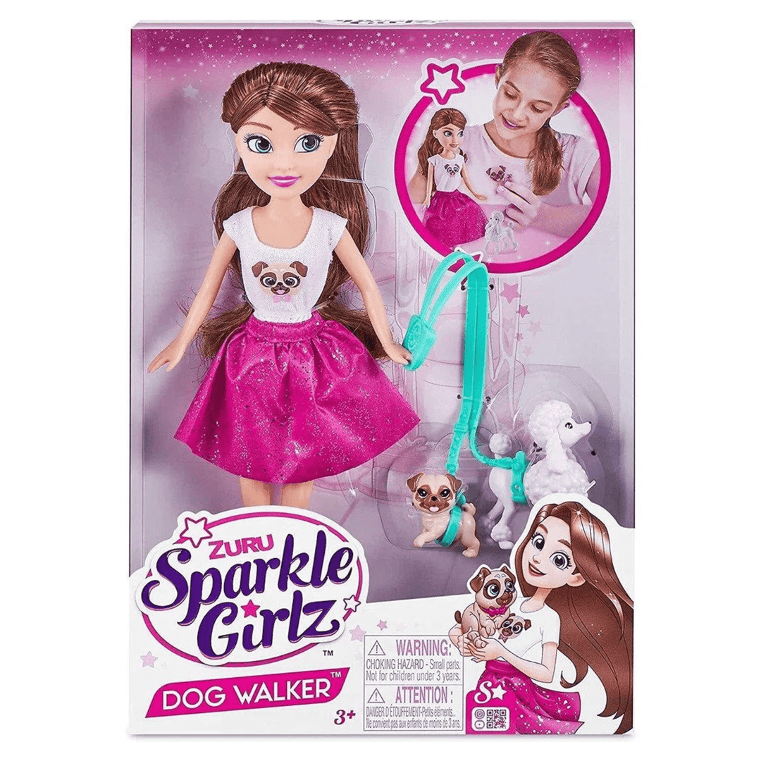 zuru sparkle girlz dog walker dog set in pink shimmery packaging
