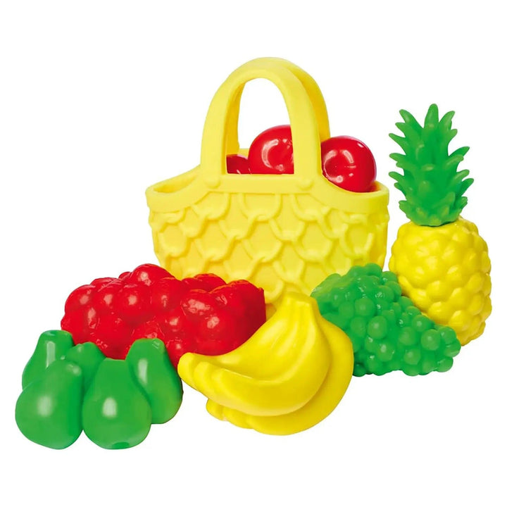 shopping bag and plastic play fruit pears, bananas, grapes, pineapple and apples