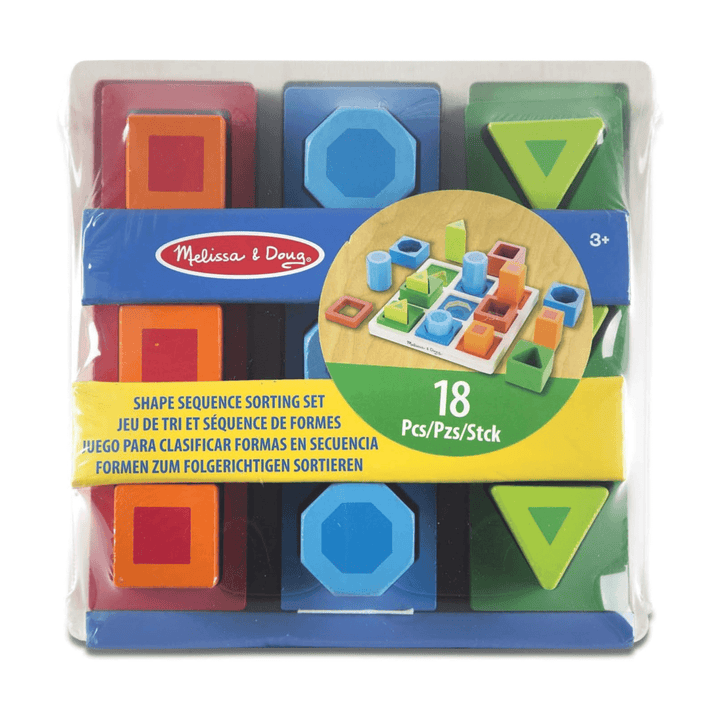 shape sequence sorting set with 18 pieces in total inside plastic packaging with melissa &amp; doug brand logo