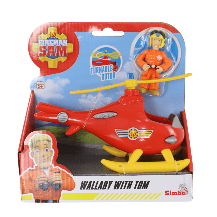 wallaby with tom fireman sam play set with mini action figure and fire rescue helicoptor vehicle featuring turnable rotor