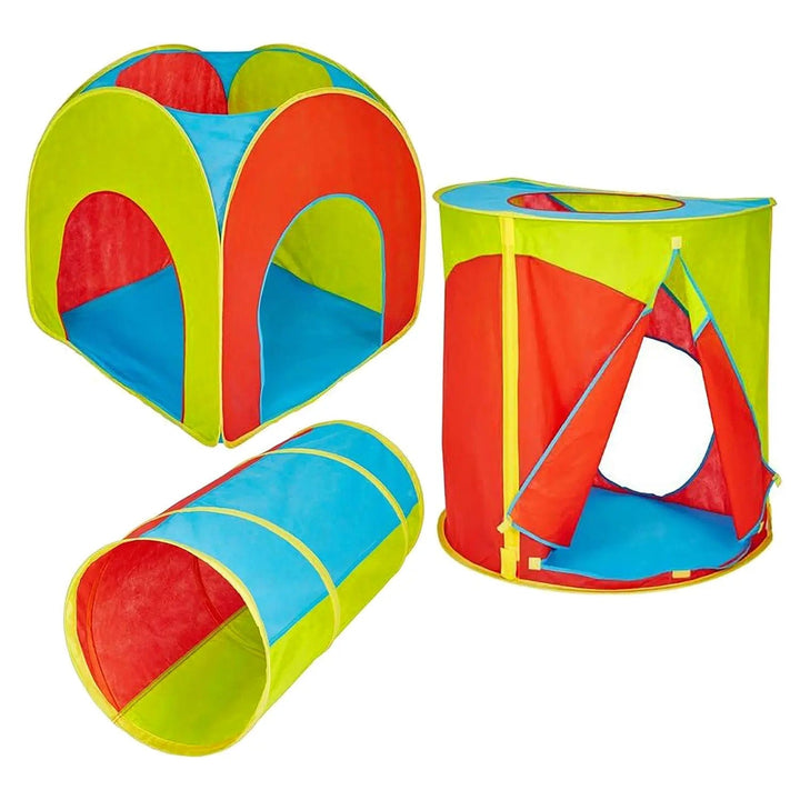 Pop-up cube, tent and tunnel which can be linked together for kids active play