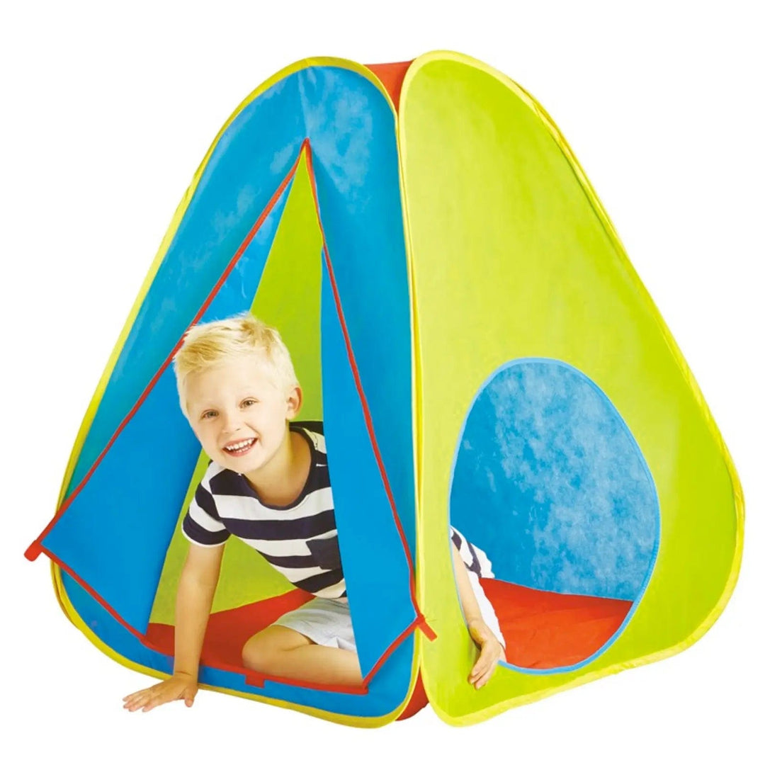 Boy playing in a pop up tent with window and door for indoor and outdoor play