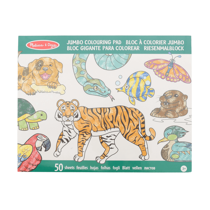 green animal themed jumbo colouring pad from melissa & doug featuring tigers, dogs, snakes and fish