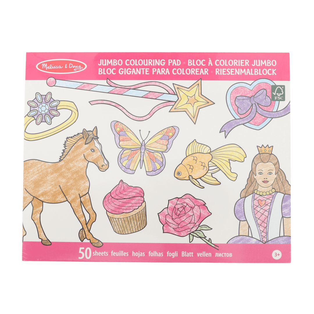 pink themed jumbo colouring pad from melissa & doug featuring wands, princesses, roses, horses and more