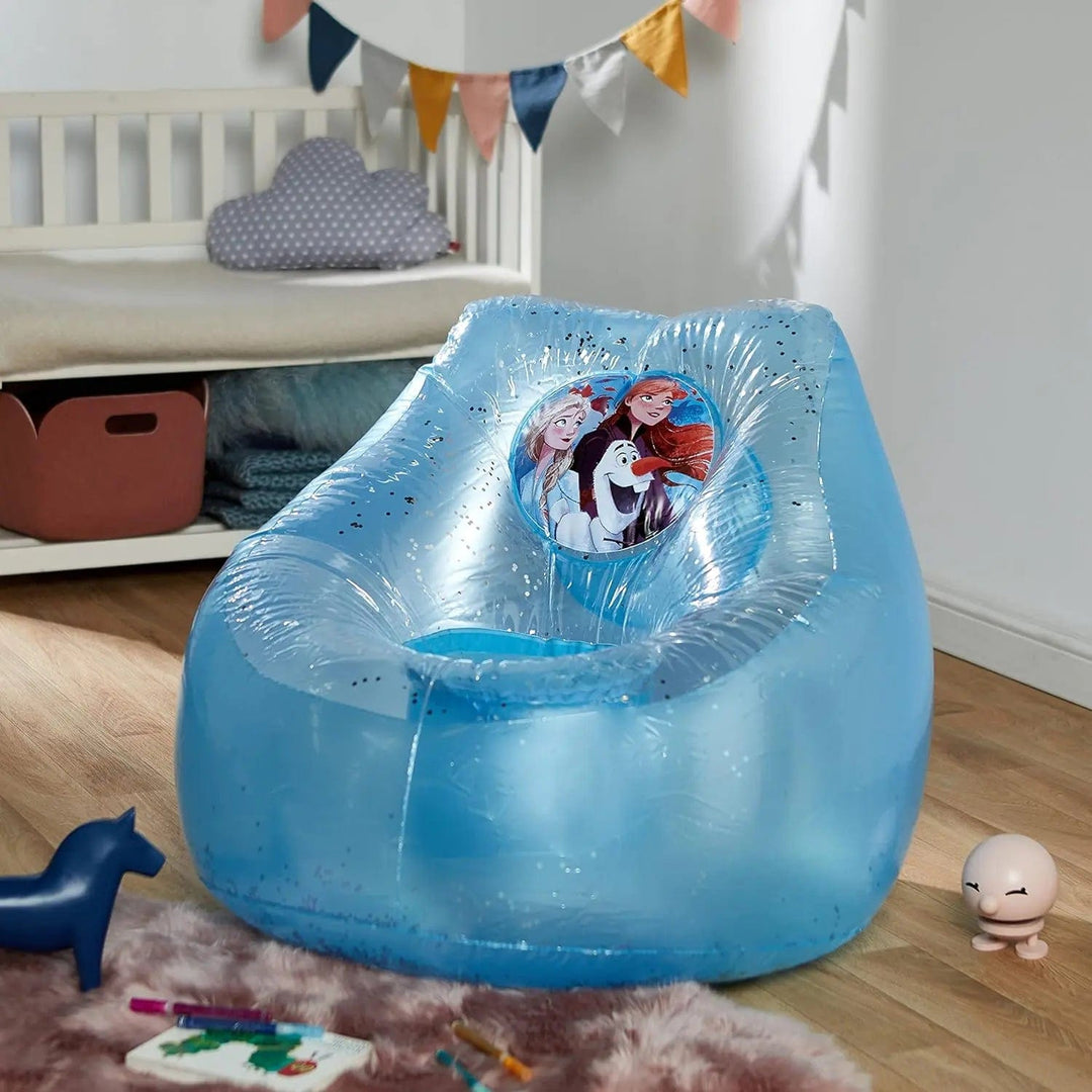 Kids Disney Frozen blue inflatable glitter chill chair in a childs bedroom