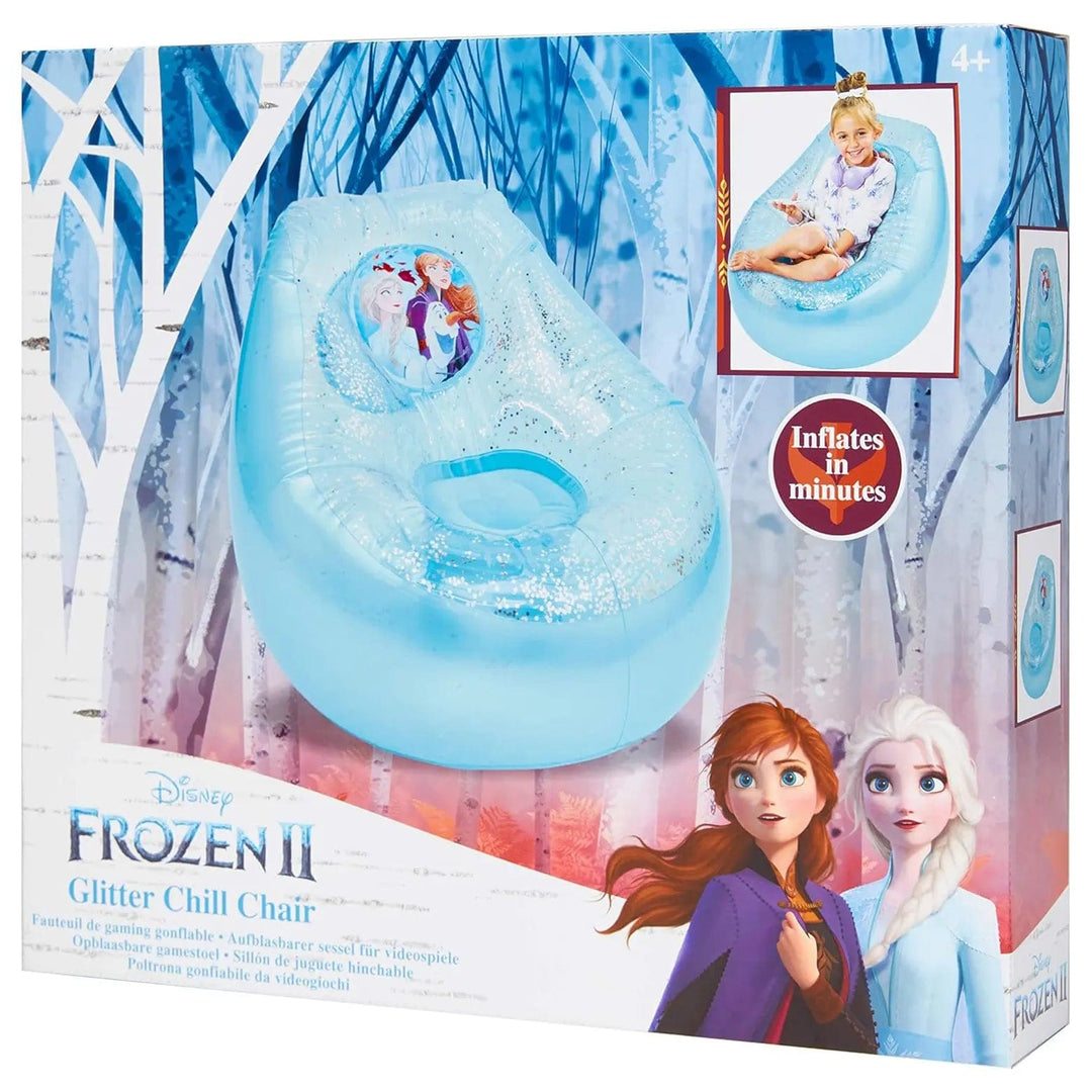 Box packaging for Disney Frozen 2 Glitter Chill Chair that inflates in minutes