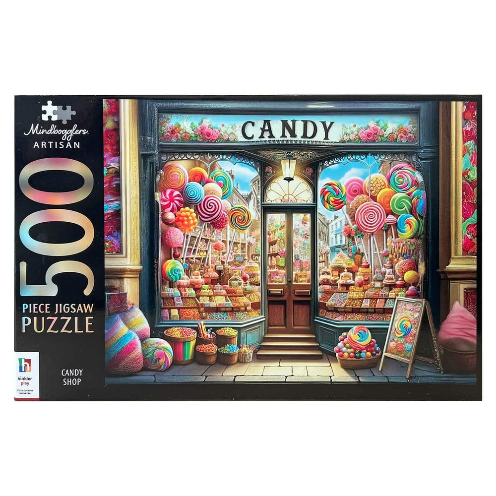 Front of a 500-piece jigsaw puzzle box by Mondragone Artisan, featuring a colorful candy shop storefront with large lollipops, sweets, and the words 'CANDY SHOP' above the door.