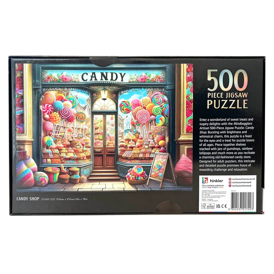 Back of a 500-piece jigsaw puzzle box featuring a colorful candy shop illustration with large windows filled with lollipops, candies, and sweets. 