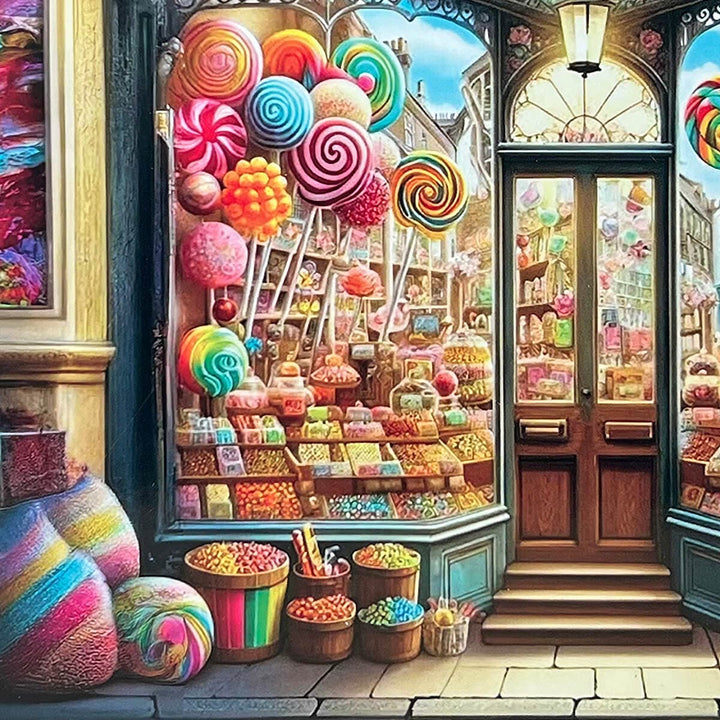 Close up of a vintage style sweet shop picture on a jigsaw puzzle