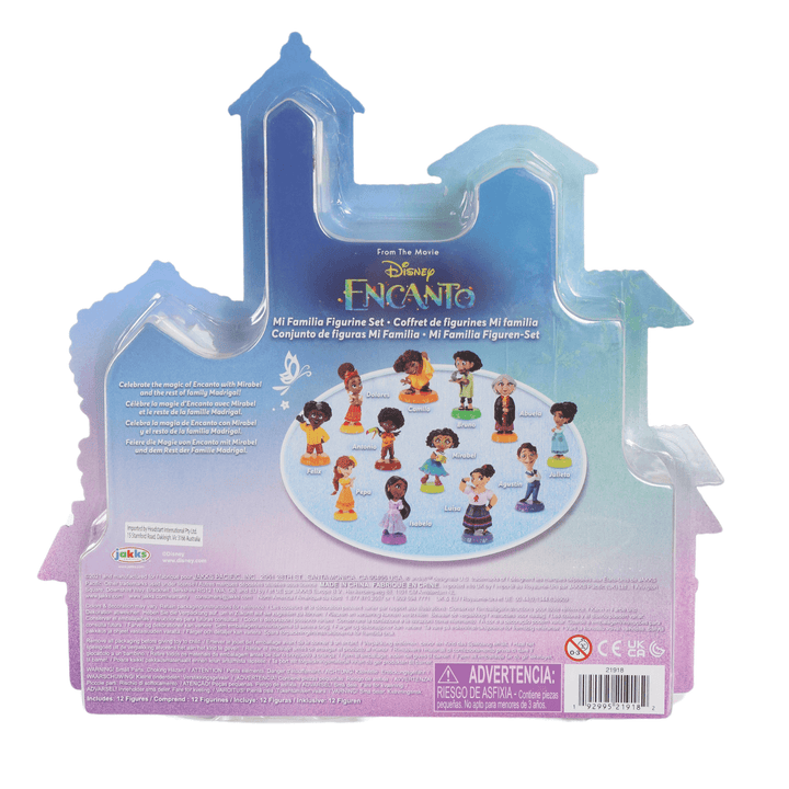 back view of family figurine playset includes character names included with disney encanto branding