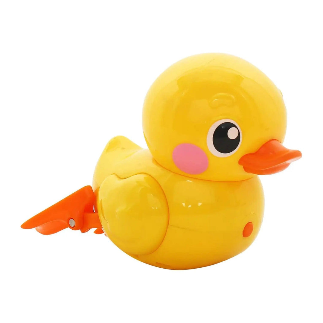 Yellow duck bath toy with moving feet so it swims