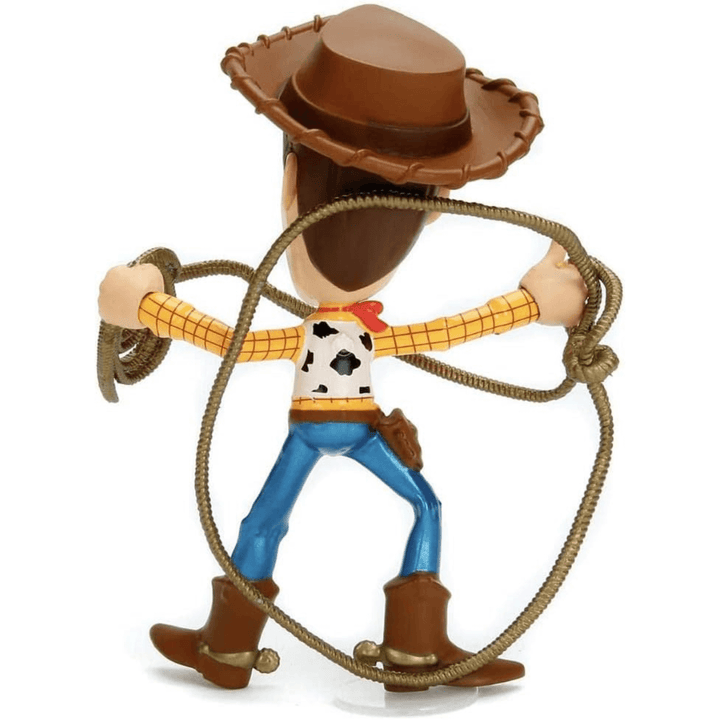 back view of woody figurine holding golden lasso in movement