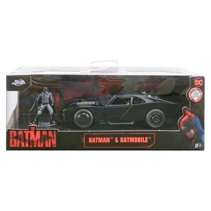 Batman and batmobile die-cast car and figure set in collector's window box packaging