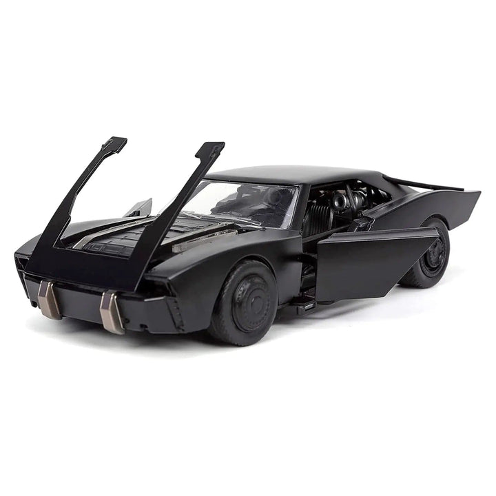 Black Batmobile with doors open and bonnet covers open